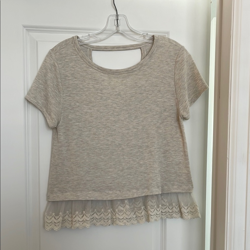 Altar'd State Gray Tan Crop T-Shirt with Ruffled Cut Out